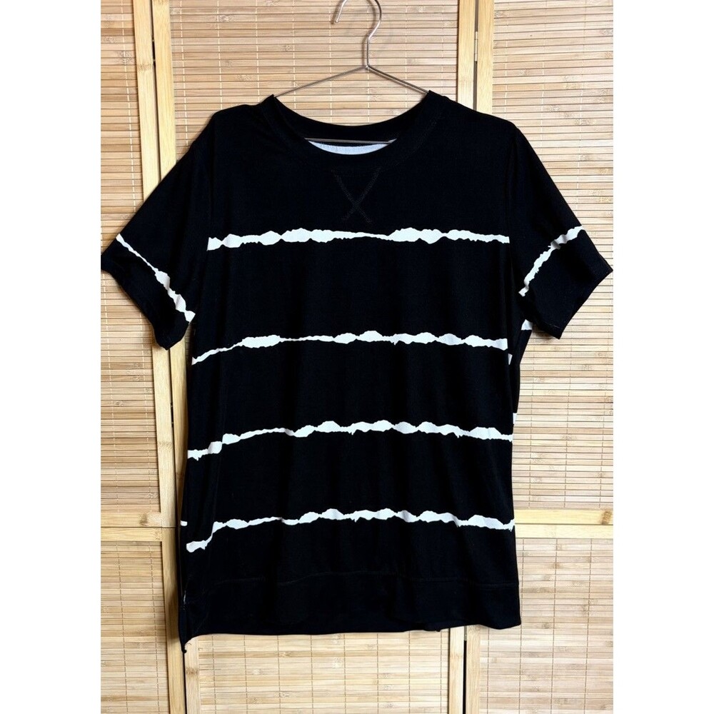 Women’s Black & White Striped Crew Neck Short Sleeve T-Shirt 2XL # academia